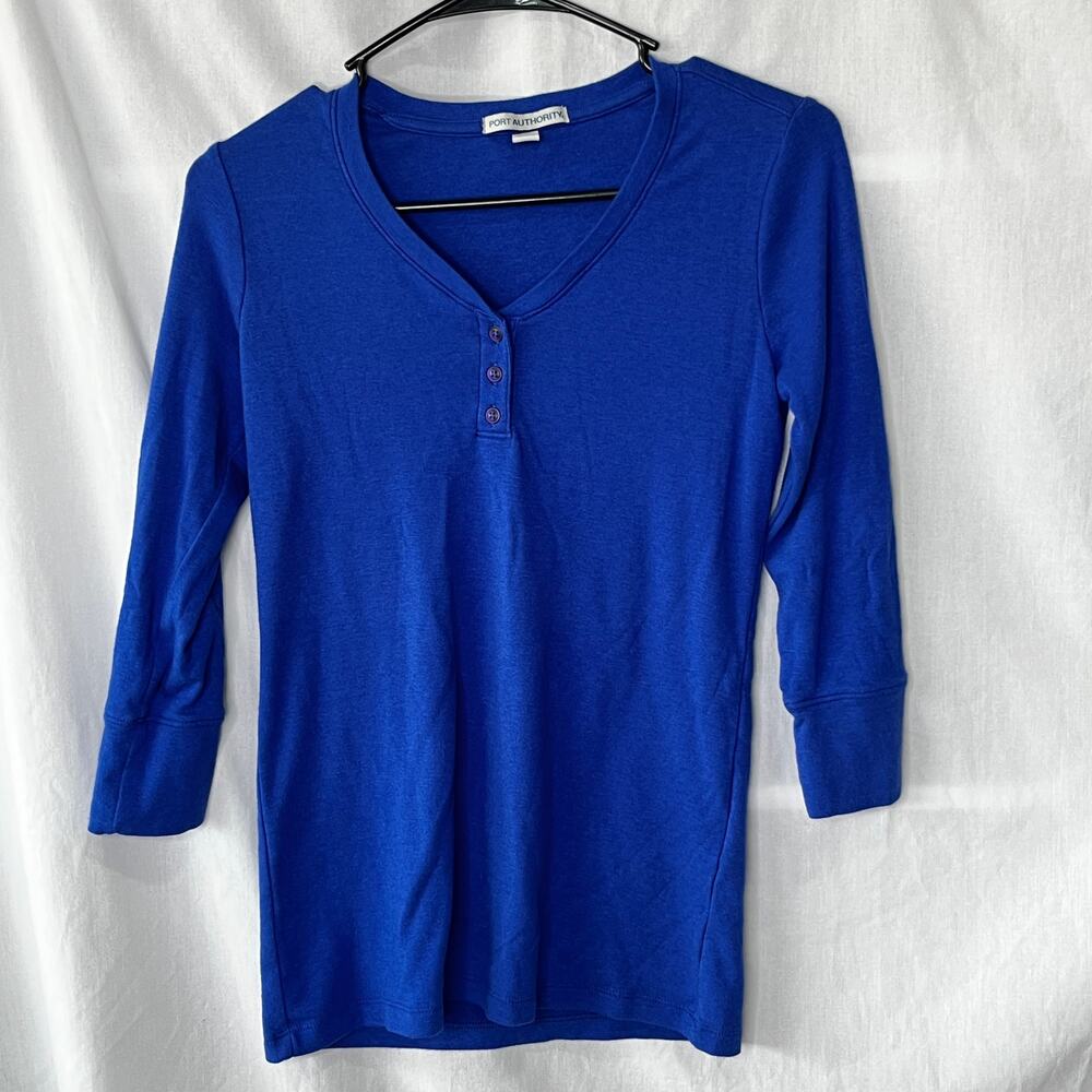 Port Authority Blue V-Neck Henley 3/4 Sleeve Shirt XS